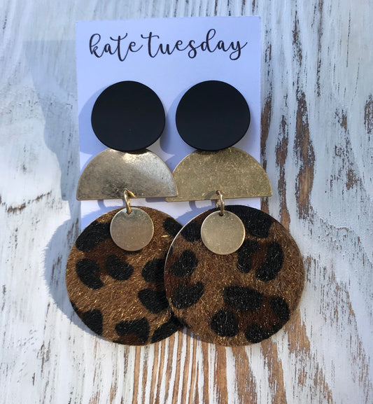 Leopard Cheetah 3 Layer Gold Metal Earrings