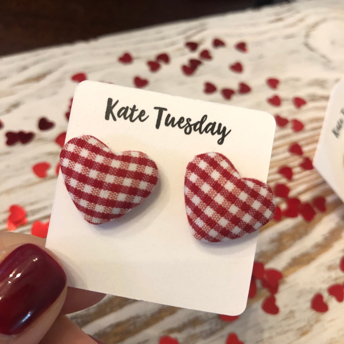 Red Plaid Heart Stud Earrings