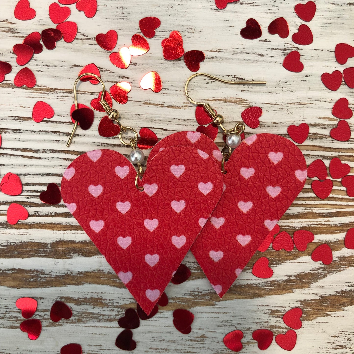 Red Pink Heart Mini Heart Leather Pearl Earrings