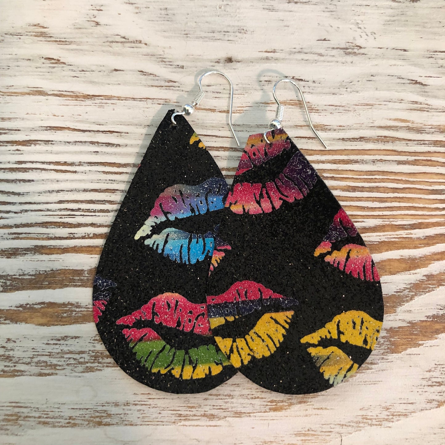 Black Glitter Rainbow Lips Faux Leather Earrings