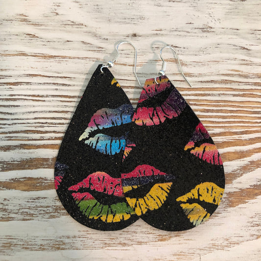 Black Glitter Rainbow Lips Faux Leather Earrings