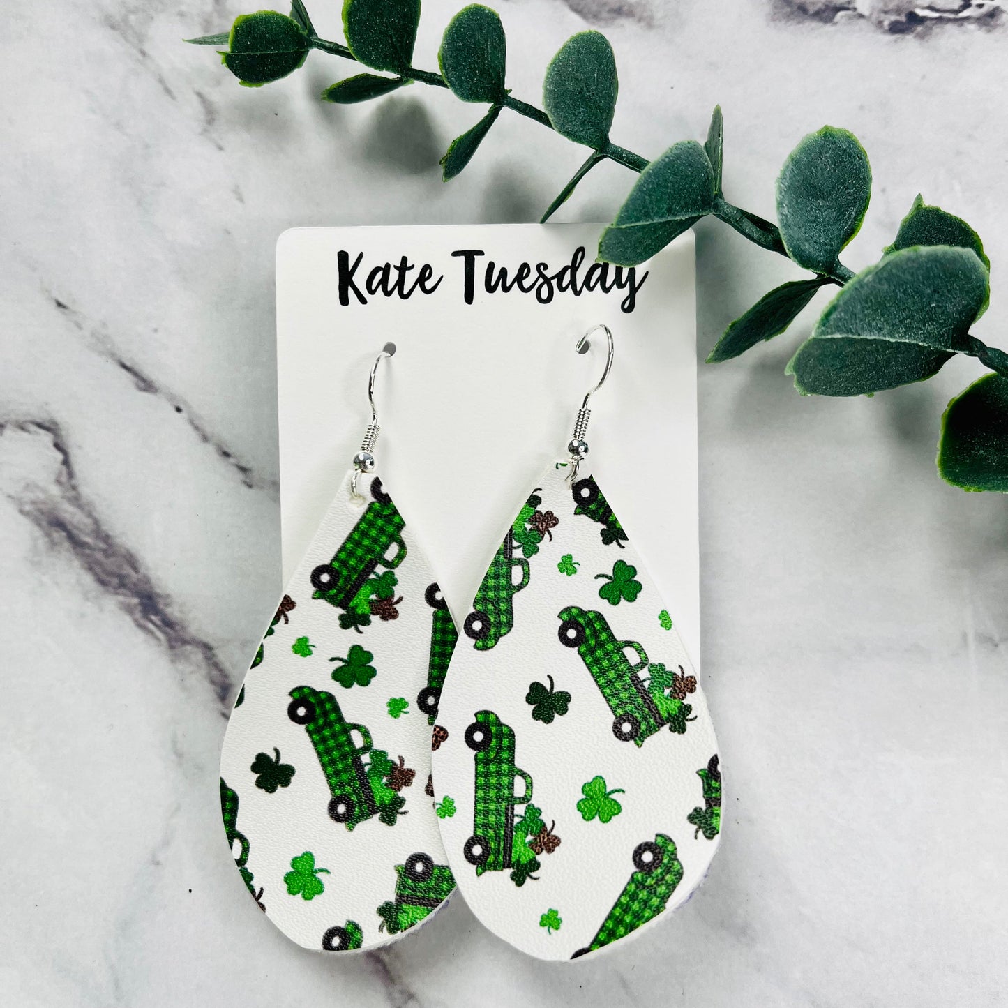 St. Patrick's Cheetah Shamrock Green Truck Hang Leather Earrings
