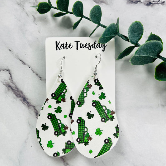St. Patrick's Cheetah Shamrock Green Truck Hang Leather Earrings