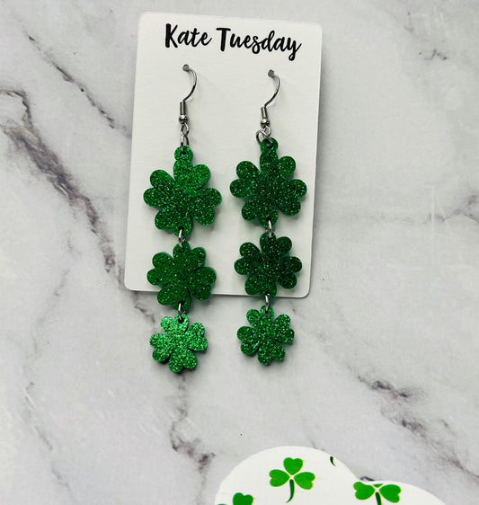 Triple Glitter Shamrock Hang Earrings