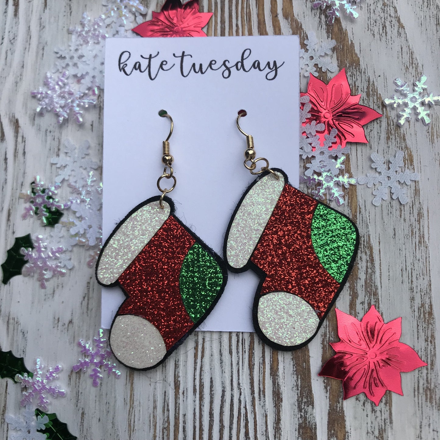 Red Glitter Stocking Christmas Holiday Hang Leather Earrings