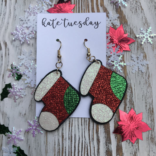 Red Glitter Stocking Christmas Holiday Hang Leather Earrings