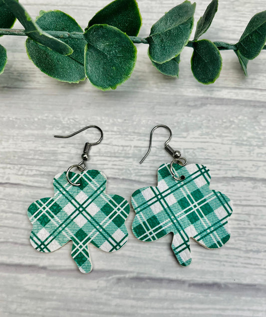 Green Plaid Shamrock Hanging Earrings