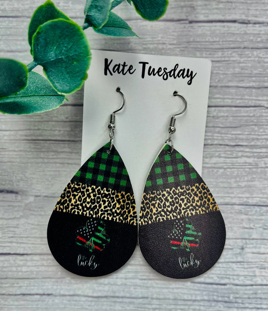 Lucky American Shamrock Cheetah Leather Hanging Earrings