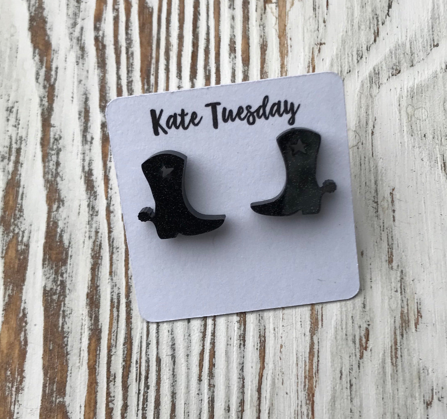 Black Sparkly Cowboy Boot Stud Acrylic Earrings