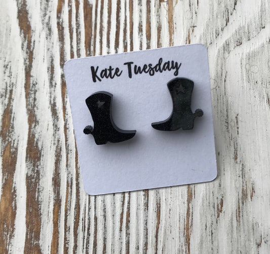 Black Sparkly Cowboy Boot Stud Acrylic Earrings