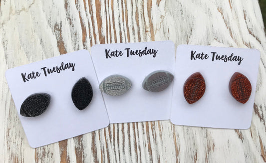 Football Engraved Football Sparkly Sports Stud Acrylic Earrings Black, Copper, Silver