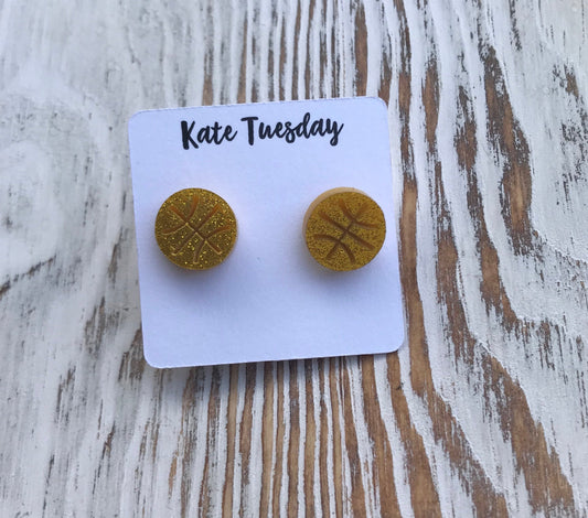 Gold Sparkly Basketball Sport Acrylic Stud Earrings