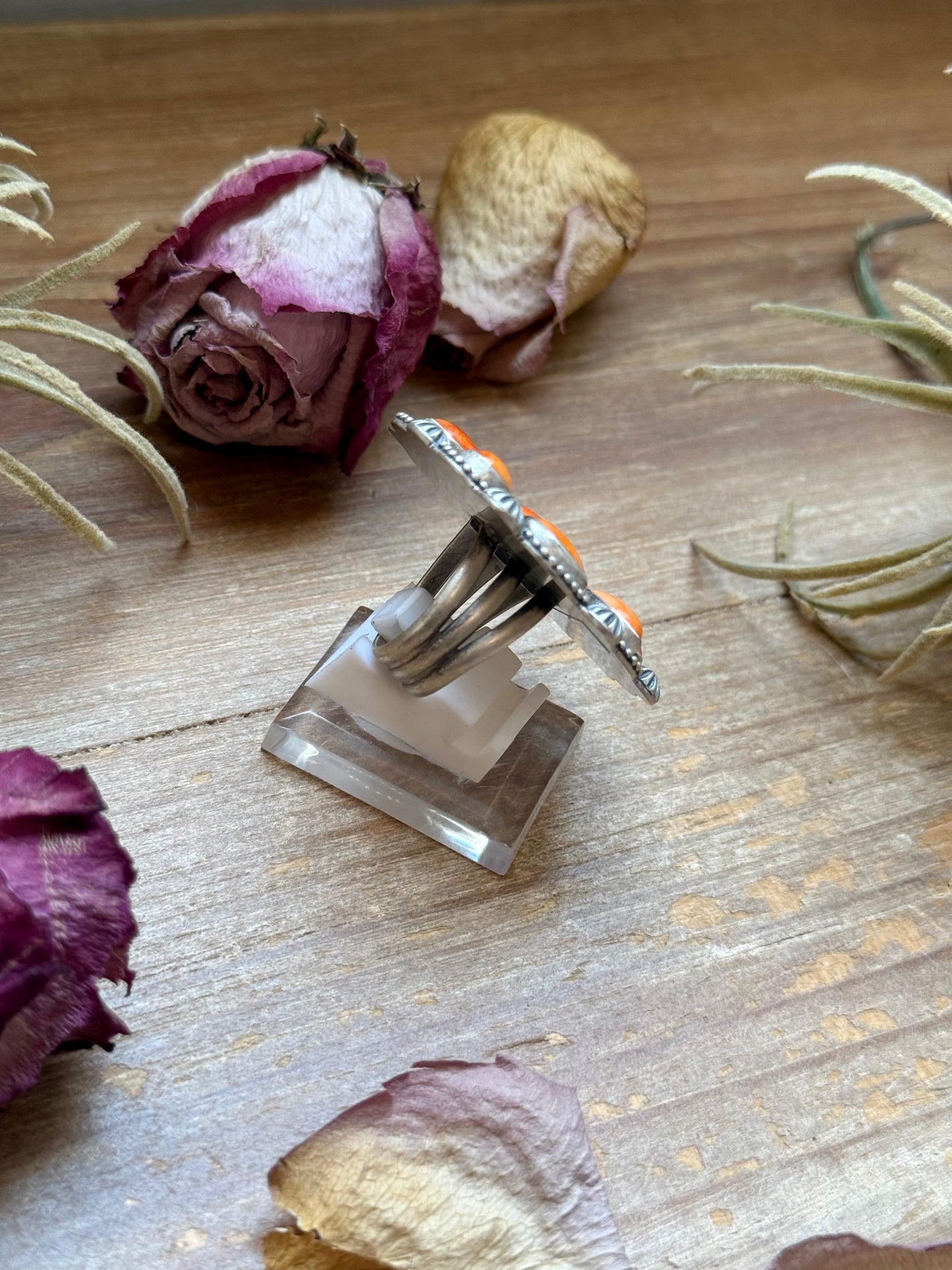 Sterling Silver Orange Spiny Oyster Mosaic Cluster Ring Size 7.5, Artist Shay Pfeiffer