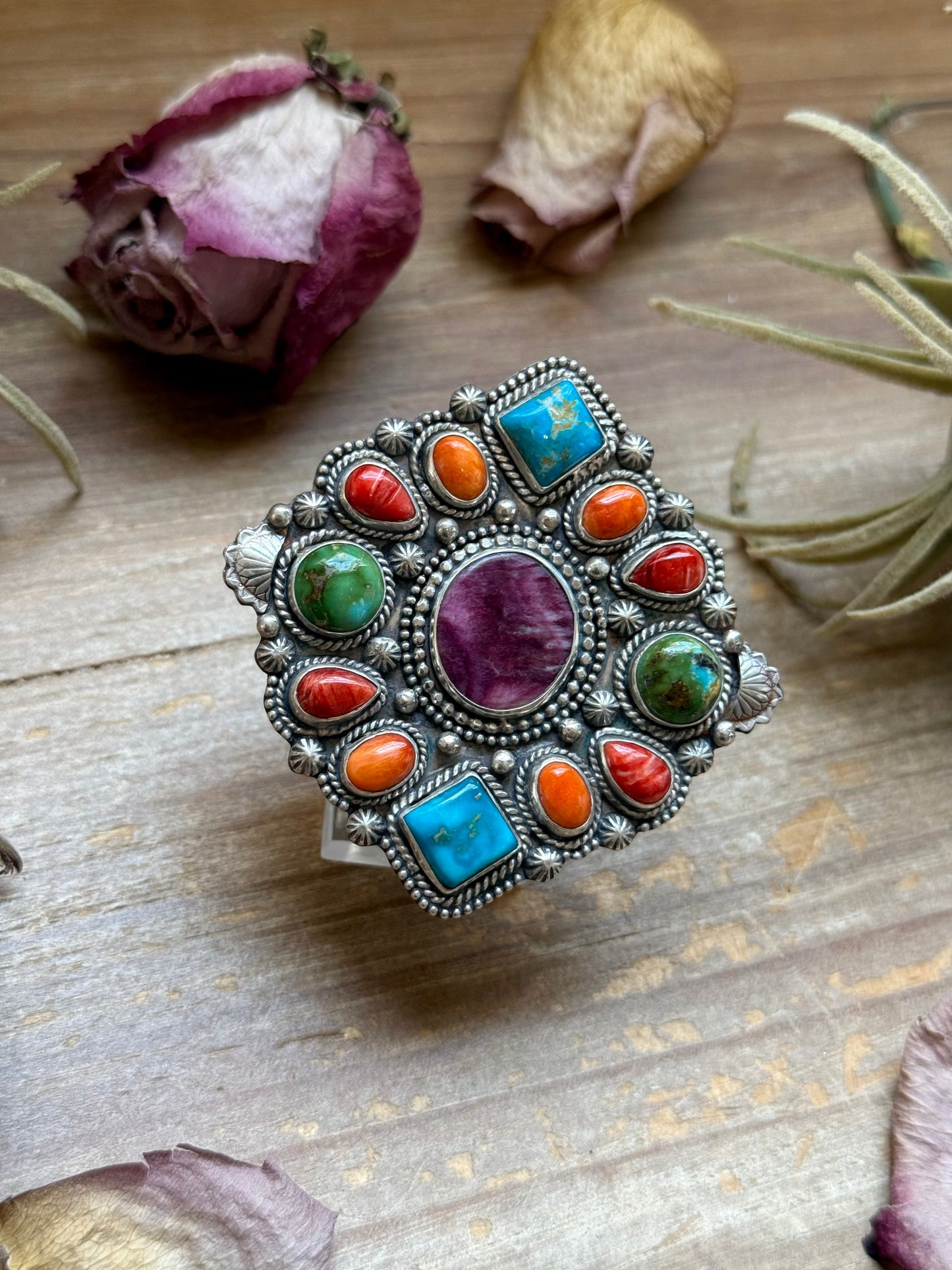 Mosaic Cluster Ring – Sterling Silver – Sonoran Mountain, Blue Ridge Turquoise & Spiny Oyster – Size 9 – Artist Shay Pfeiffer