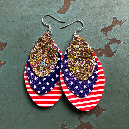 3 Layer Faux Leather Gold Glitter Red White Blue 4th of July Earrings