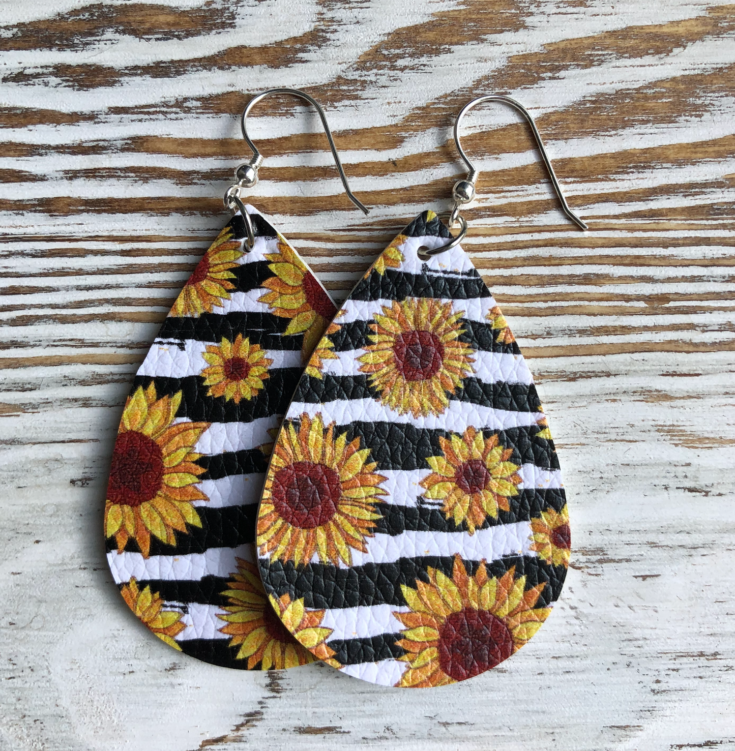 Light Stripe Sunflower Faux Leather Earrings
