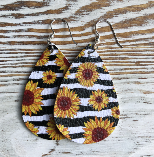 Light Stripe Sunflower Faux Leather Earrings
