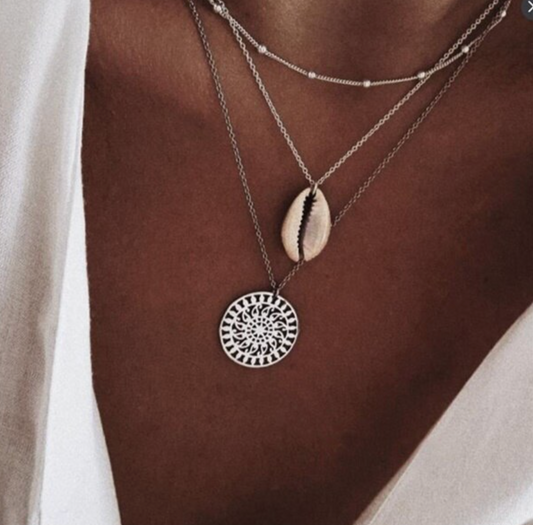 Three Layer Bohemian Boho Silver Shell Coin Necklace