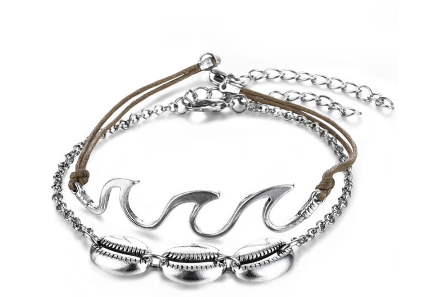 Silver Wave Shell Anklet or Bracelet Set