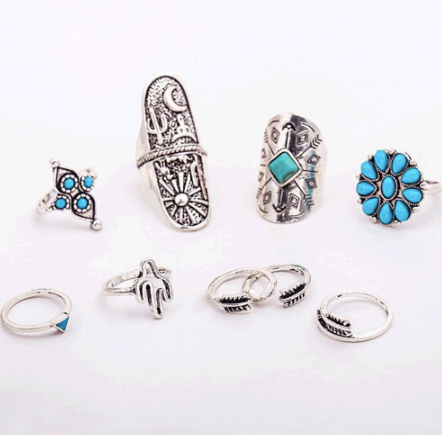 Silver Turquoise Boho Ring Set of 9 Rings