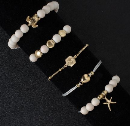 White Bead Gold Shell Turtle Bracelet