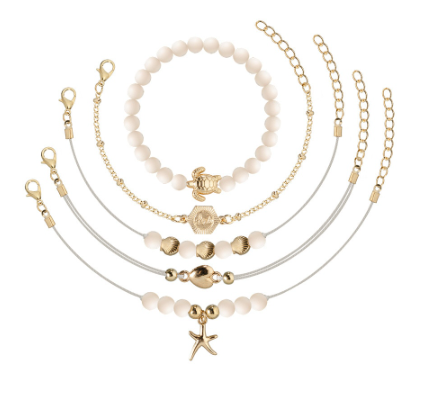 White Bead Gold Shell Turtle Bracelet