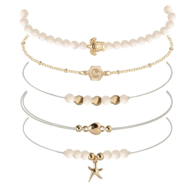 White Bead Gold Shell Turtle Bracelet