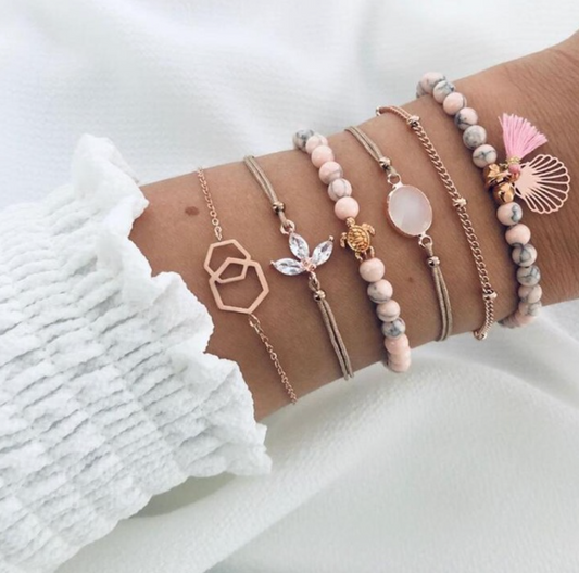 Pink Gold Shell Beaded Bracelet Set