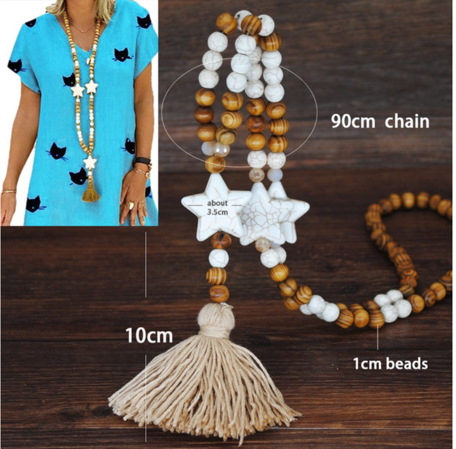 Wooden Beaded Tassel Star Stone Necklace