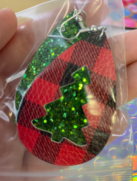 Holiday Sale Leather Earrings! Green Tree Glitter