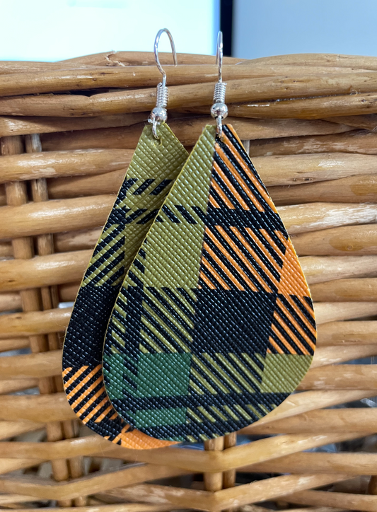 Fall Plaid Leather Hang Earrings