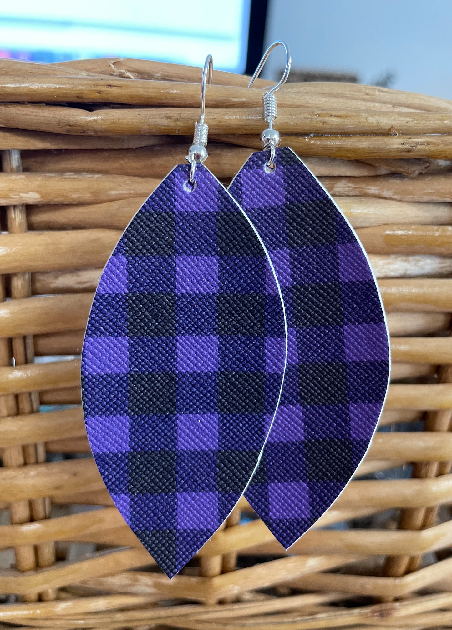 Purple Black Plaid Fall Leather Hang Earrings