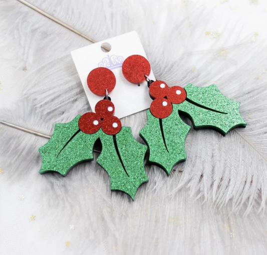 Glitter Holly Christmas Earrings