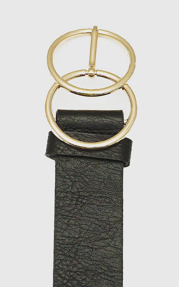 Black Double Circle Designer Inspired Metal Buckle Leatherette Belt
