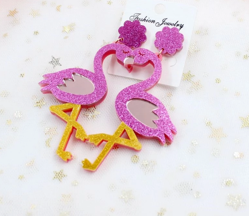 Sparkly Pink Acrylic Flamingo Earrings