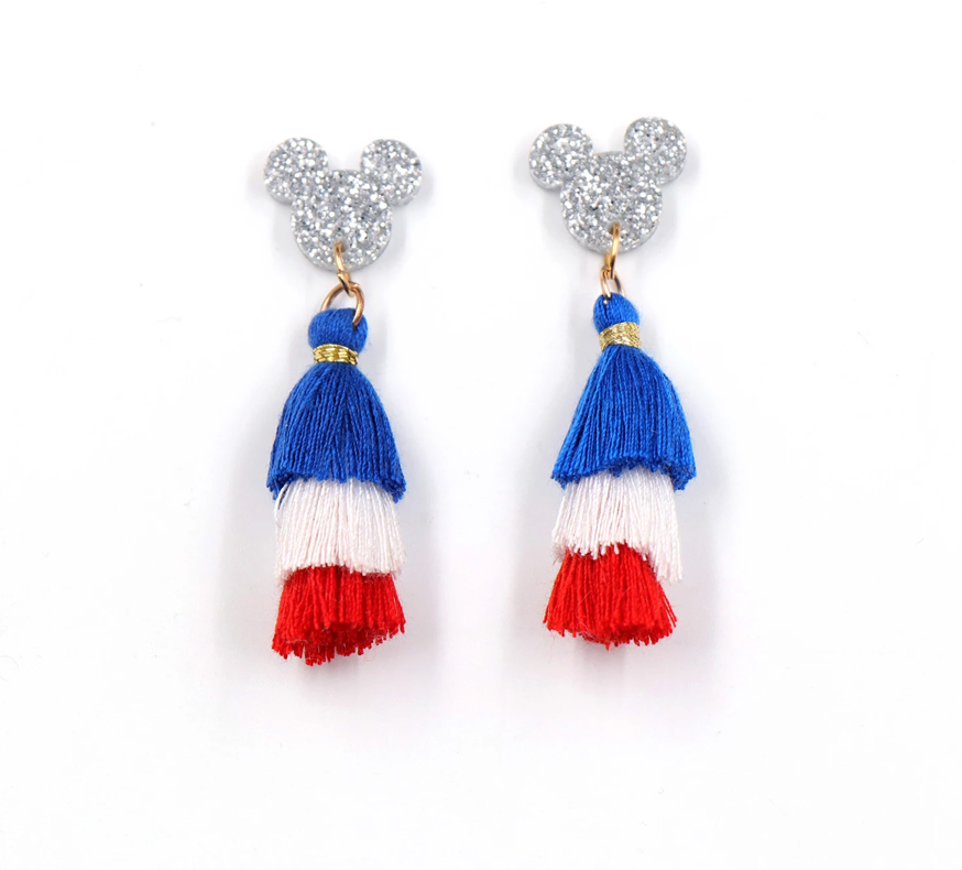 Red White Blue Patriotic 4th of July Mouse Hanging Tassel Earrings