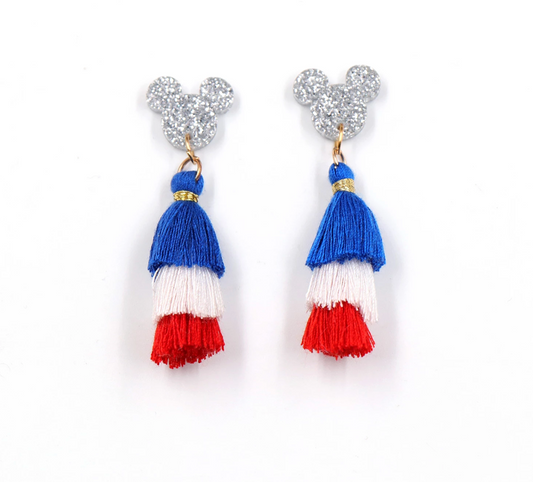 Red White Blue Patriotic 4th of July Mouse Hanging Tassel Earrings