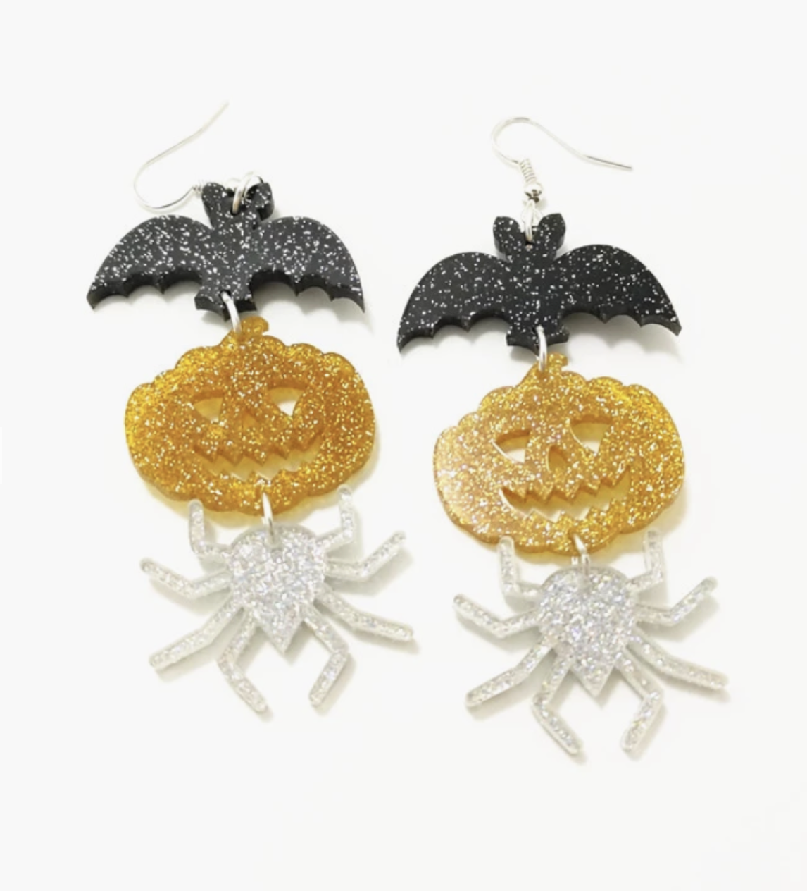 3 Layer Glitter Halloween Earrings Bat Jack O Lantern Spider