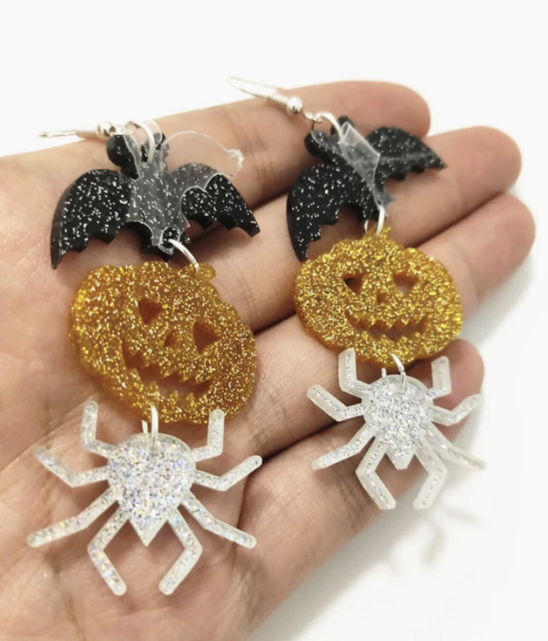 3 Layer Glitter Halloween Earrings Bat Jack O Lantern Spider