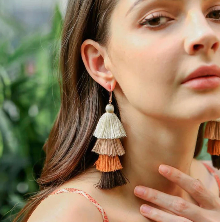 Four Tier Orange Brown Layered Tassel Earrings