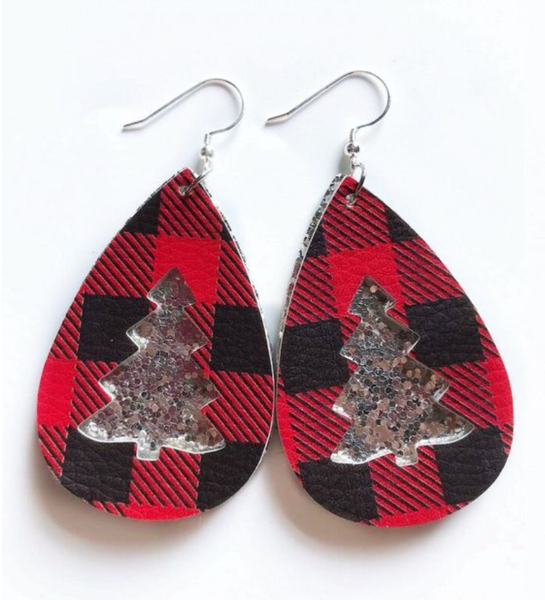 Silver Glitter Tree Plaid Leather Earrings