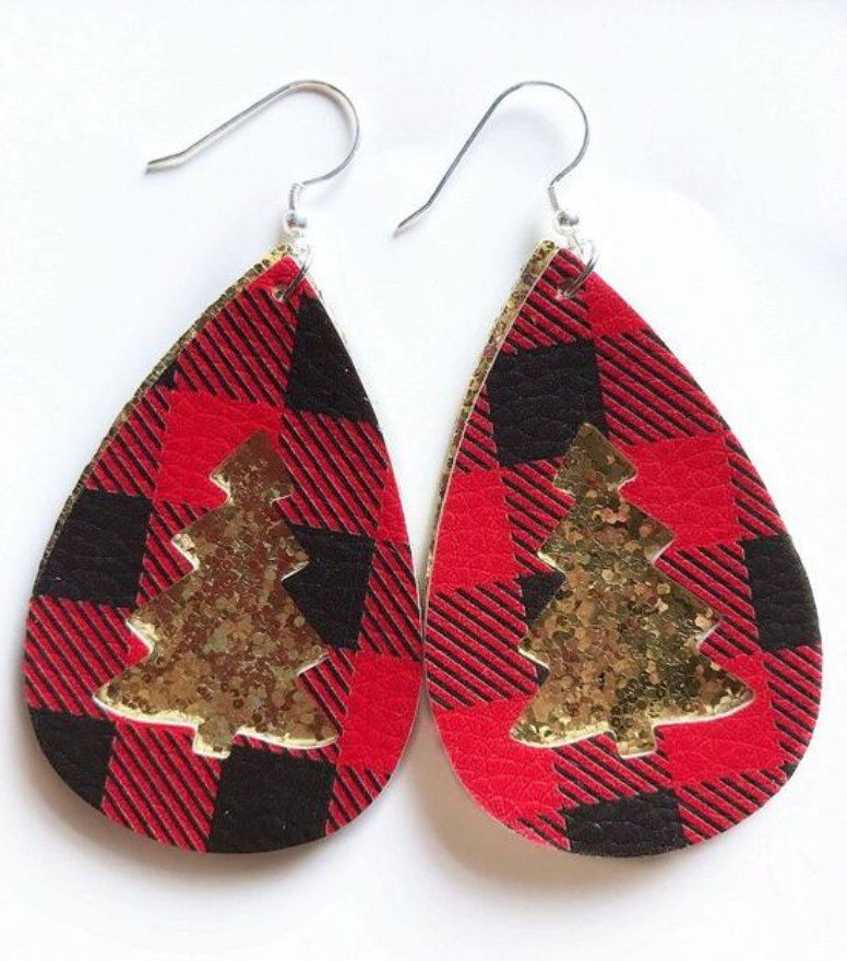 Gold Glitter Tree Plaid Leather Earrings