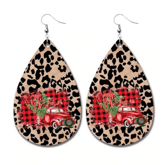 Merry Trucks Christmas Leather Earrings