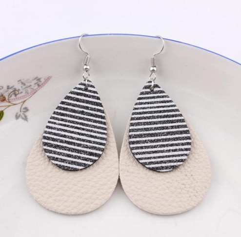 Striped Leather Glitter Hang Earrings Black