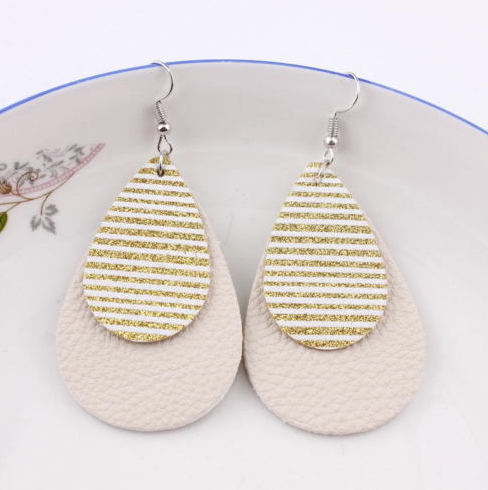 Striped Leather Glitter Hang Earrings Gold