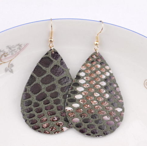 Green Faux Animal Print Leather Earrings