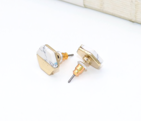 Gold and White Marble Stud Hexagon Earrings