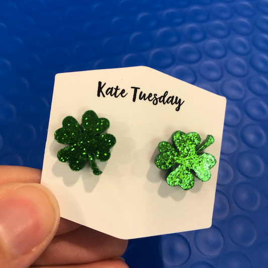 Glitter Acrylic St. Patties Day Clover Earrings 4 Leaf