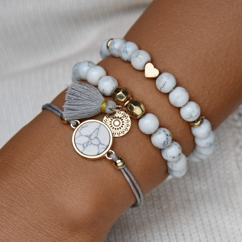 Grey Babe Faux Marble Tassel Summer Bracelet Set