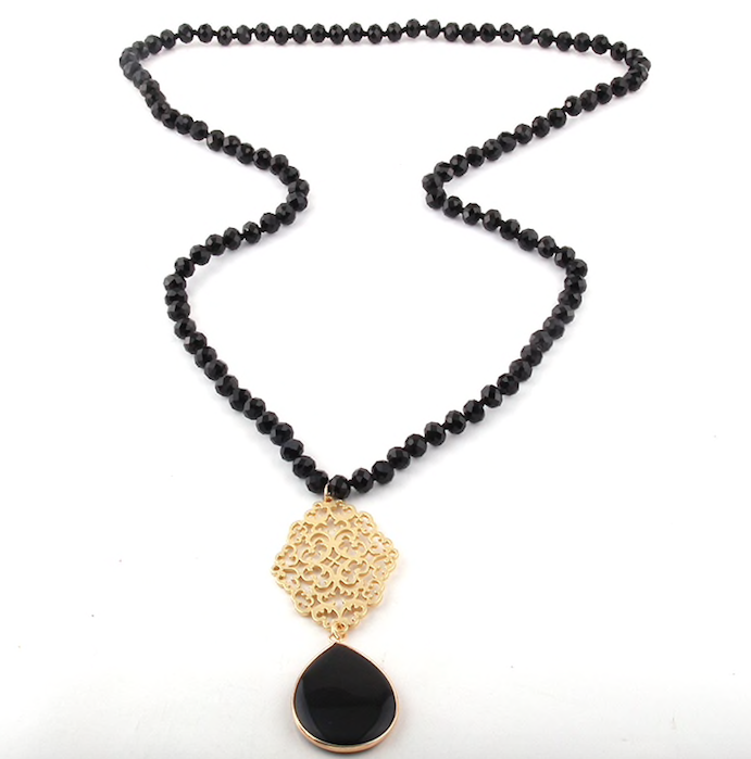 Gold Stone Drop Filigree Statement Necklace